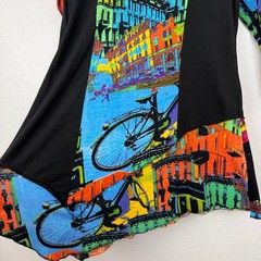 Orientique Tunic Womens Large Black Multi City Scene Print V-Neck 3/4 Sleeve Art