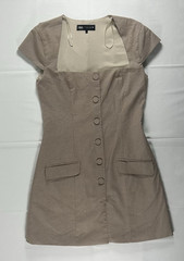 ZARA Beige Check Square Neck Button Front Pocket Mini Dress Short Sleeve M