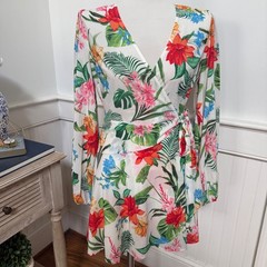 Jealous Tomato Womens Tropical Floral Wrap Mini Dress White Red Green Sz S