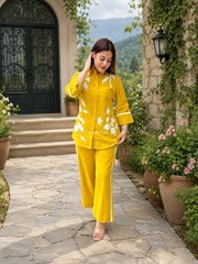 Women&rsquo;s Mustard Yellow Floral Applique Linen-Blend Casual Co-ord Set