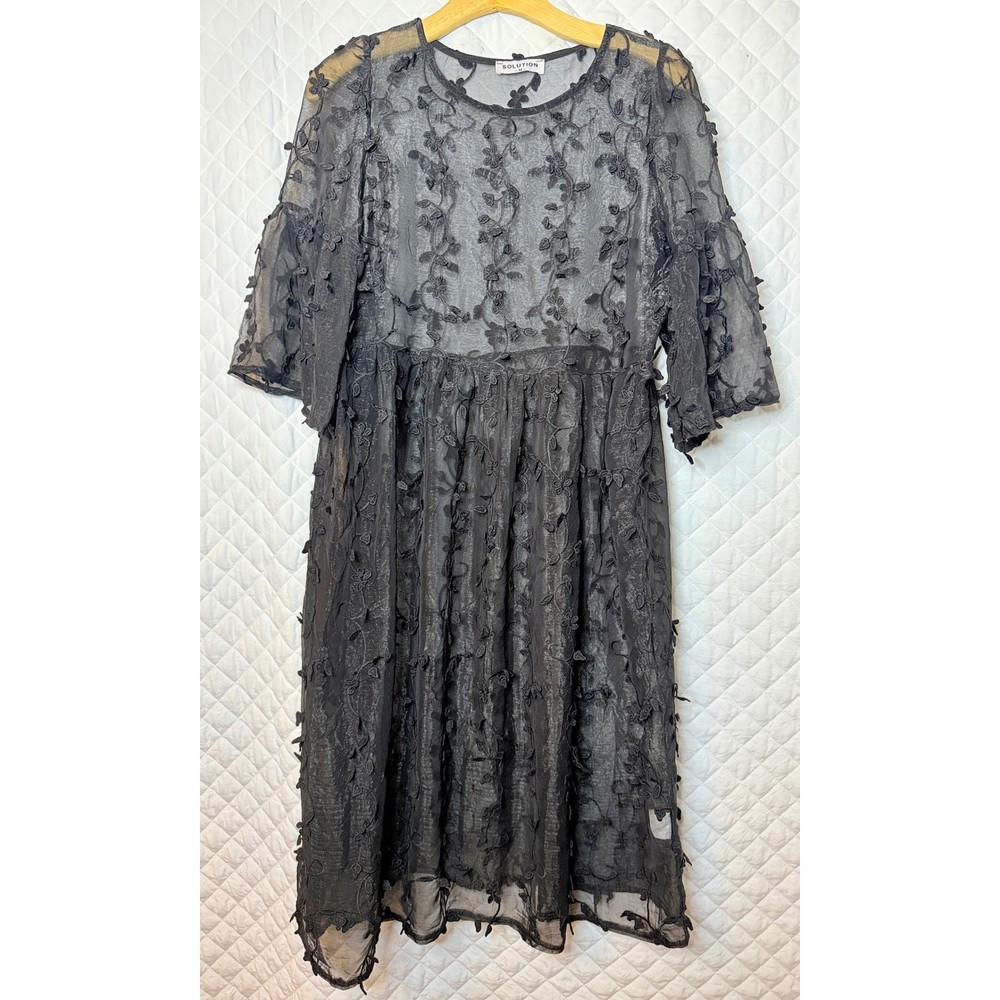 Solution Black Sheer Black Embroidered Mesh Babydoll Dress Bell Sleeve Size M