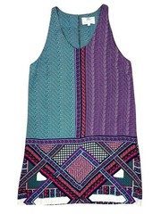 100% Silk Shift Mini Dress Medium Patchwork Geometric Tropical VNeck Sleeveless