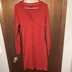 Athleta Burnt Orange Solid Sheath Dress V-Neck Ruched Stretch Sleeve Medium