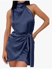 Zesica Womens Satin Wrap Dress With Keyhole Back & Side Tie In Dark Blue Size S