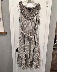 Signature by Robbie Bee Gray White Striped A-Line Dress 16W V-Neck Ruffle Zip