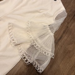 INA Size M White Solid Shift Sheer Tulle Ruffle Bell Sleeve Knee Zip Dress
