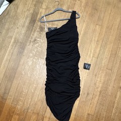Lulus Black One Shoulder Ruched Bodycon Midi Dress Women’s L Solid Sleeveless