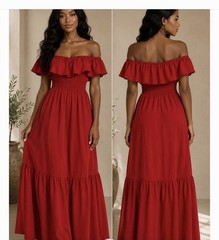 Women’s Red Solid Off-Shoulder Smocked Ruffle Short Sleeve Maxi Dress 3XL