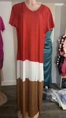 Red White Brown Colorblock Maxi Dress V-Neck Short Sleeve Knit Pullover M