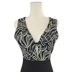 Papaya Medium Black Bodycon Dress V-Neck Lace Trim USA Black Gray White Print