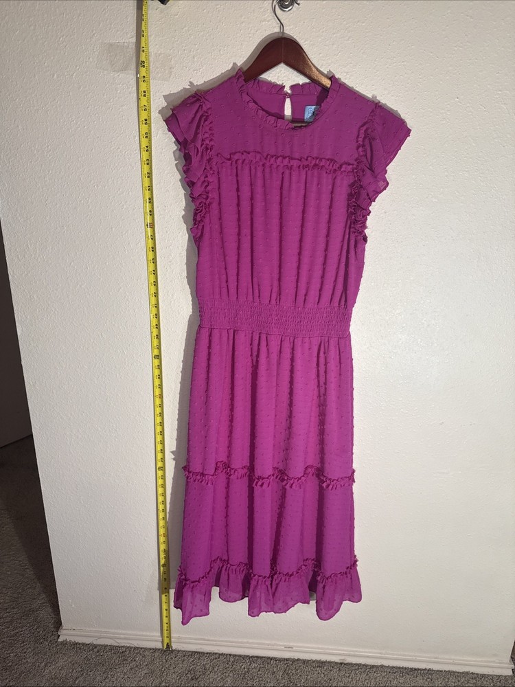 CeCe Magenta Large Boho Ruffle Cap Sleeve Layered Midi Dress Smocked Waist Fairy