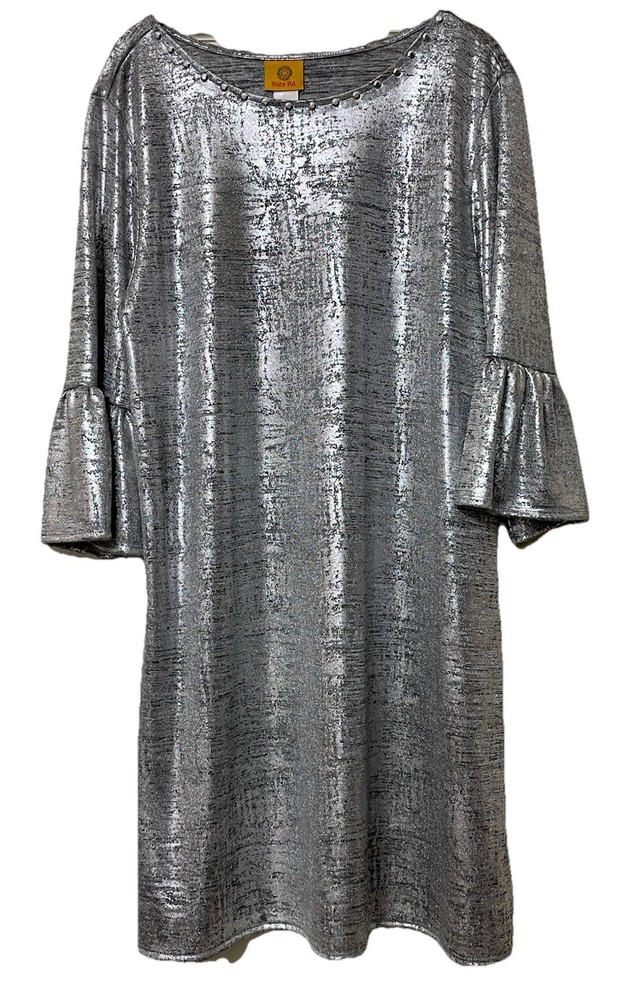 RUBY RD. Silver Metallic Look Sparkly Dress Large, Ruffles on Sleeve,Lightweight