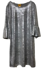 RUBY RD. Silver Metallic Look Sparkly Dress Large, Ruffles on Sleeve,Lightweight