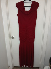 oy Red Solid Ruched Stretch Cowl Neck Cap Sleeve Long Gown Dress Women XL