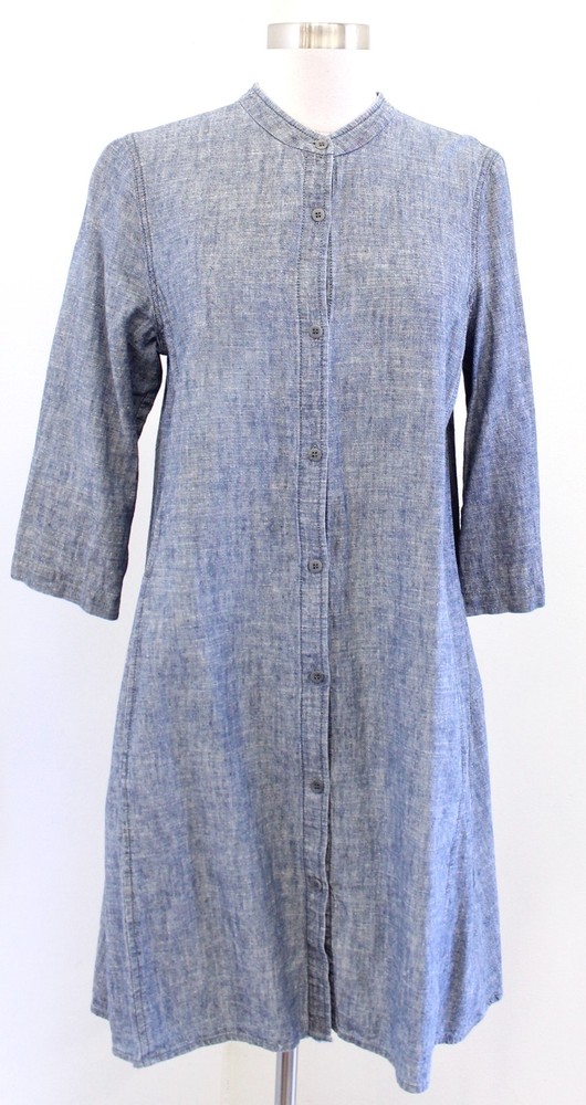Eileen Fisher Blue Button Front Hemp Organic Cotton Blend Dress Size S Lagenlook