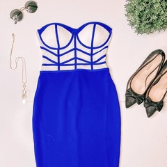 Strapless Blue and White Bodycon Dress with Boning Detail