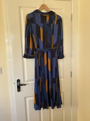 Hobbs Dalia Shirt Dress Midi Belted Navy Orange Geometric Print – UK Size 12
