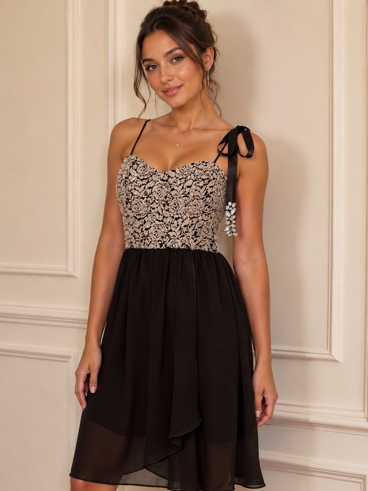 BCX Black S/M Sweetheart Spaghetti Strap Chiffon Fit & Flare Knee Dress
