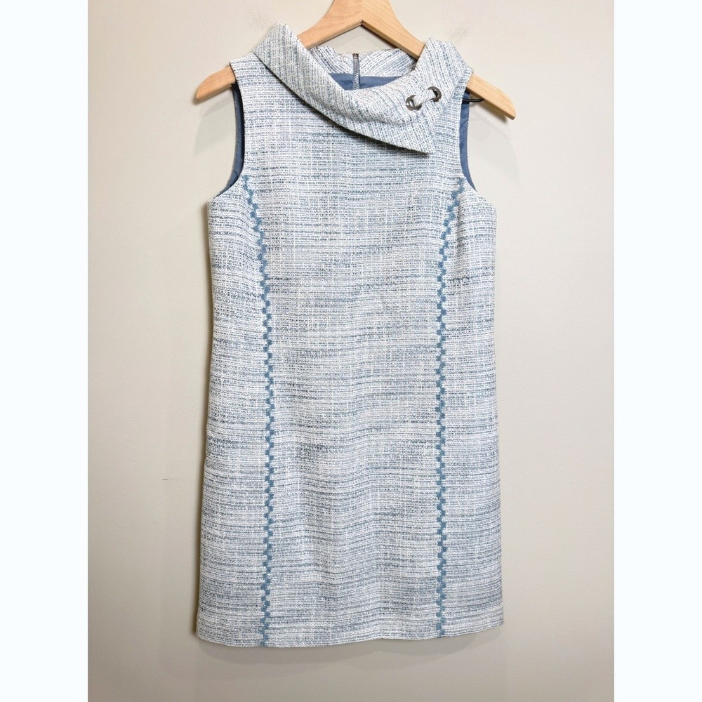 Alex Marie Tweed Plaid Blue Mini Shift Dress Cowl Neck Silver Metallic Preppy 4