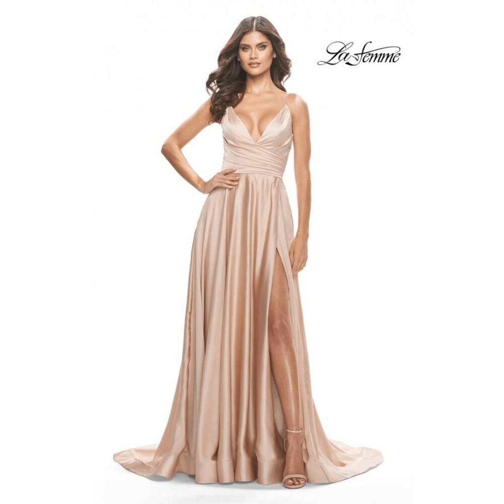 La Femme 31505 Satin A-Line Maxi Ball Gown Dress Women&rsquo;s 8 Light Pink
