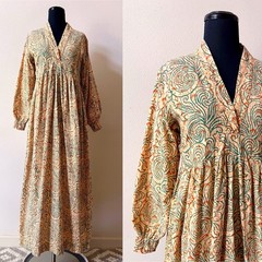 VTG 1970s Indian Hand Block Print Maxi Dress Small Boho Cottagecore Poet Sleeves