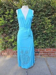 Moss Mills Blue Sleeveless V-Neck Maxi Wrap Dress Tie Waist Owl Graphic Sz Large