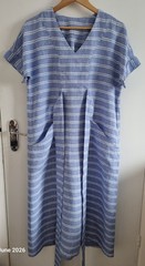 Blue White Striped Linen Blend Midi Dress V Neck Pockets 42&Prime; Chest holiday