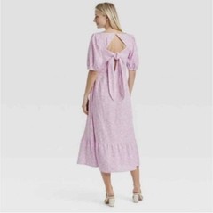 Who What Wear Purple Floral Linen Bishop Sleeve Tie-Back Dress SMALL Linen