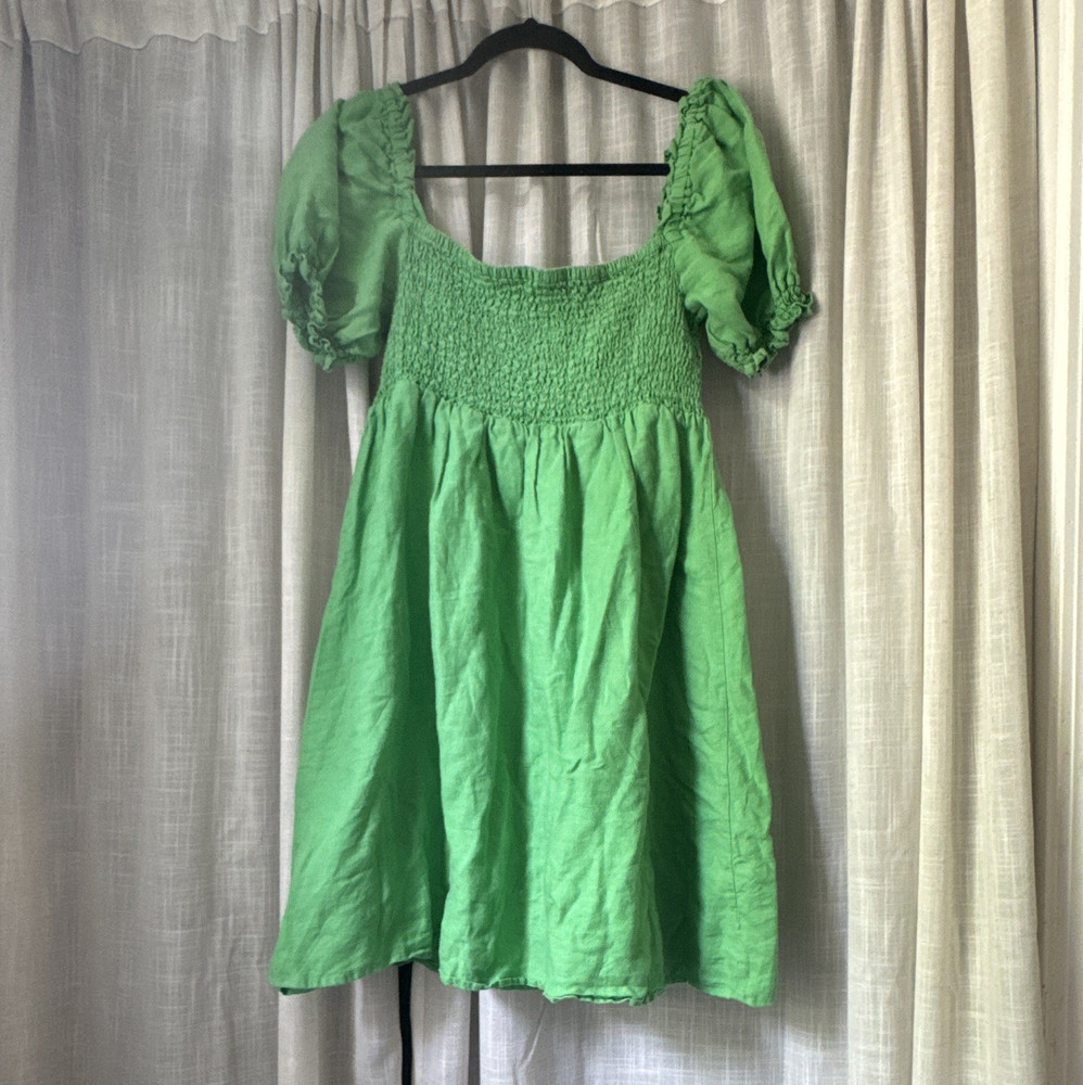 House of Harlow 1960 Green Solid Square Neck Smocked Puff Sleeve Mini Dress L