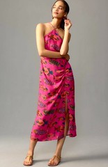 Anthropologie Farm Rio Halter Slim Midi Dress Pink Fish Elastic Back XS NWT