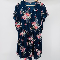 J for Justify Womens XL Dress Blue Floral Zip Front Drawstring Waist Summer