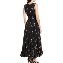 BP Maxi Dress Womens XXS Black Floral Sleeveless Ruffle Tie Front Waist Hi-Lo
