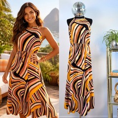 DROPS RIO Retro Swirl Print Halter Dress, Women Size 42 / M, 70s Aesthetic