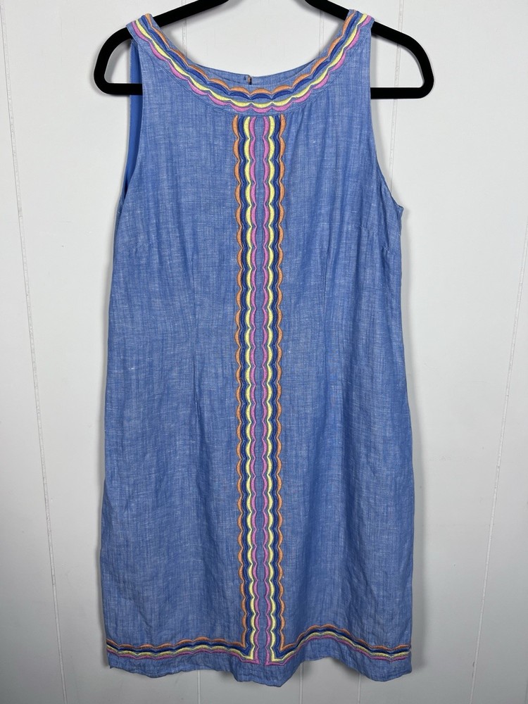Talbots Linen Shift Dress Pastel Scallop Embroidery