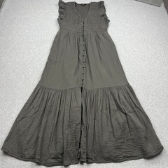 Quince Dress Womens Medium Charcoal Organic Textured Cotton Smocked V-Neck Midi