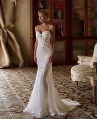 Lace Mermaid Wedding Dress Rhinestone Tulle Cape Long Train Luxury Bridal Gown