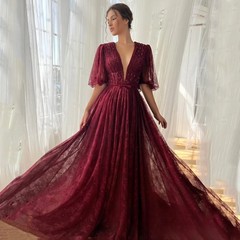 Evening Dress Short Sleeves V Neck Pearls Pleat A Line Sweep Train Prom Gown