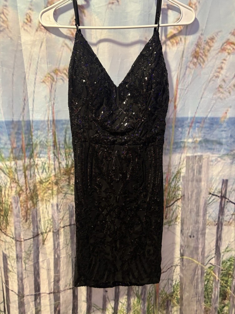 Windsor Black Sequin Lace V-Neck Strappy Bodycon Mini Dress Size S