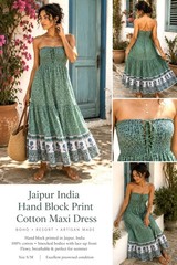 Jaipur India Hand Block Print Cotton Boho Maxi Dress Smocked Strapless S/M