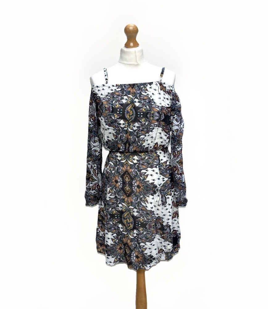 River Island Dress Size UK 10 Black Multi Print Off Shoulder Party BNWT RRP £38