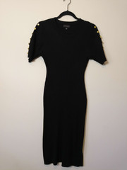Black Ribbed Knit Midi Dress Gold Button Detail Short Sleeve Bodycon Size Large