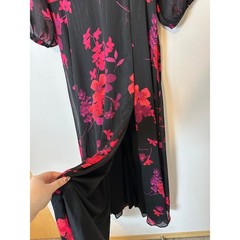 Rebecca B. Women’s Sz 12 3/4 Sheer Sleeve Floral Maxi Dress Black Red Formal