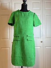 Eliza J Green Tweed Shift Knee Length Dress Fringe Crew Neck Zip Short Sleeve 10