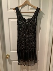 ROARING 20&rsquo;s Silver Sequins Beaded Flapper Dress Black Sheer Over Solid S Small