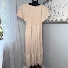 AUSELILY Womens Smocked Flutter Sleeve V Neck Midi Dress Beige Small