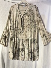Blue Vanilla Snake Print Tiered Tunic Dress M/L UK Bell Sleeve Tie Neck Beig