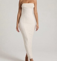 Oh Polly Ivory Strapless Sequin Bodycon Long Dress Side Slit Zip Size 14