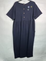 Quacker Factory Maxi Dress Large Navy Angel Flowers Embroidered Pockets