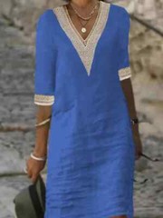 Women Sundress V Neck Cotton Linen Midi Dress Ladies Summer Casual Short Sleeve