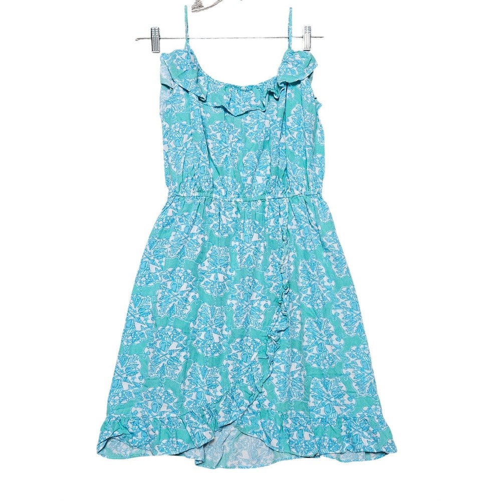 Lilly Pulitzer Kalen Dress Womens XL Teal White Shell Print Ruffle Faux Wrap